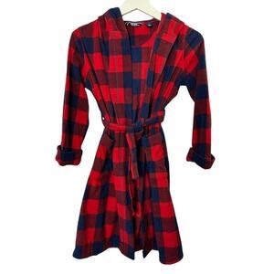 Lands End Fleece Red & Navy Blue Buffalo Plaid Hooded Front Tie Robe Youth 8 New